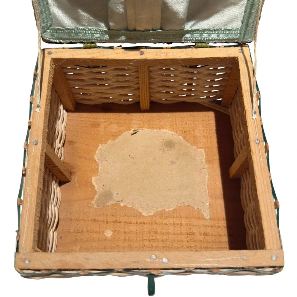 Vintage Japan Wicker Sewing Basket  Cherry Berry Lid Square Box Needs‎ Lining